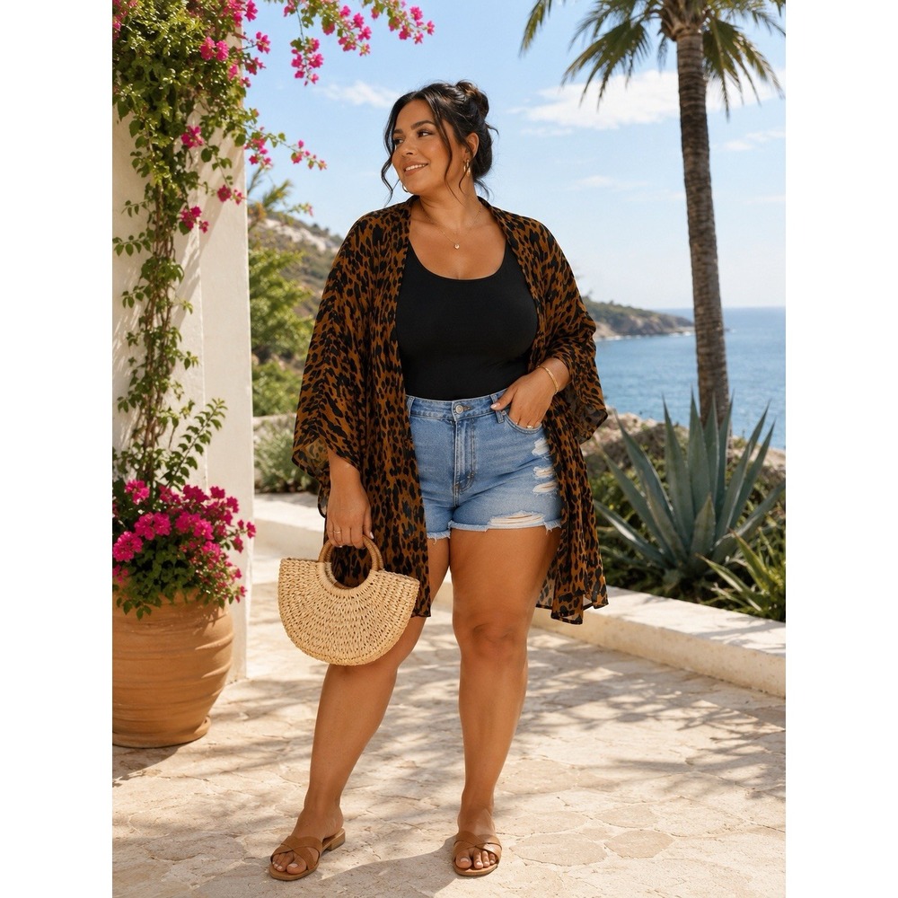 Glam Leopard Print Kimono Cardigan Open Front Beach Cover Up Brown Black Medium